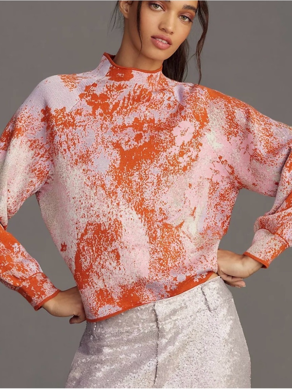 Anthropologie Beatriz Abstract Mock Neck Sweater in Pink & Orange